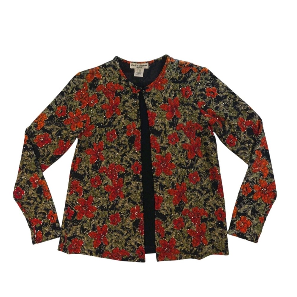 Notations Women PS Two-In-One Blouse Red Floral Moss Green Textured Vtg Boho
